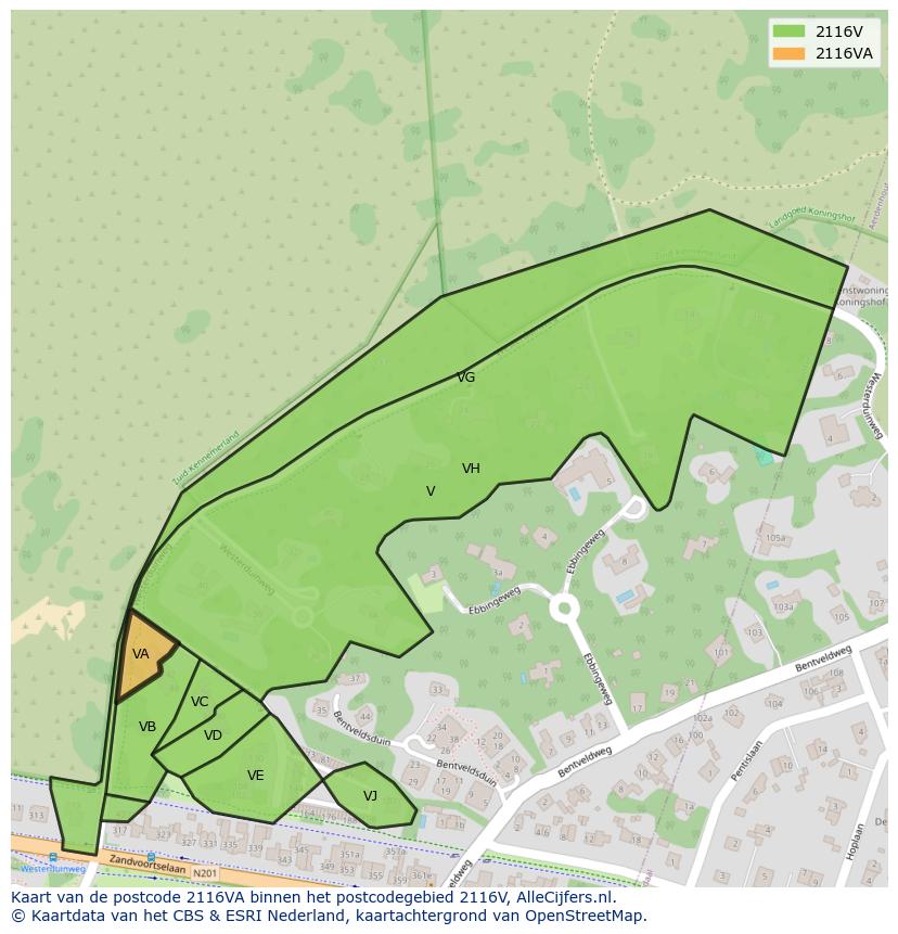Afbeelding van het postcodegebied 2116 VA op de kaart.
