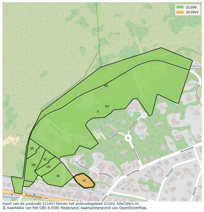 Afbeelding van het postcodegebied 2116 VJ op de kaart.
