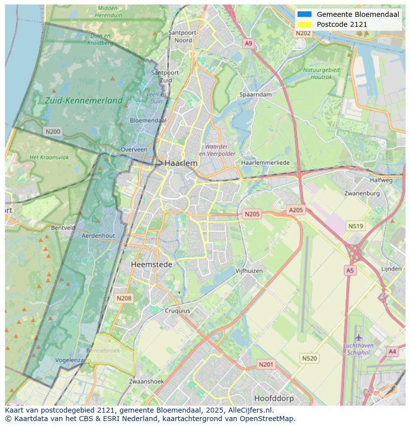 Afbeelding van het postcodegebied 2121 op de kaart.