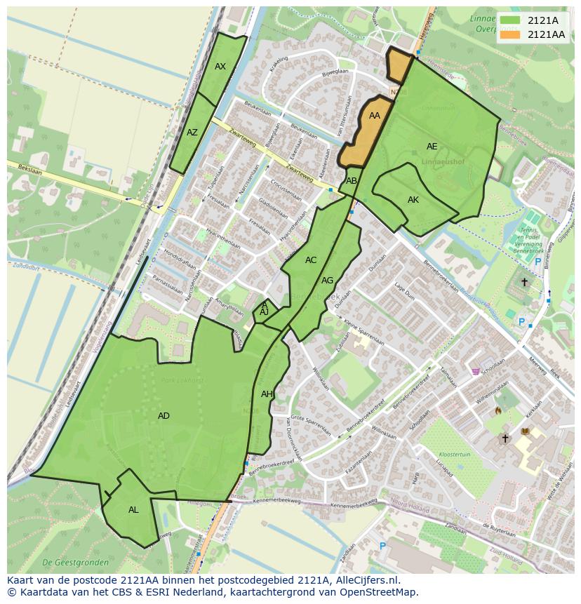 Afbeelding van het postcodegebied 2121 AA op de kaart.