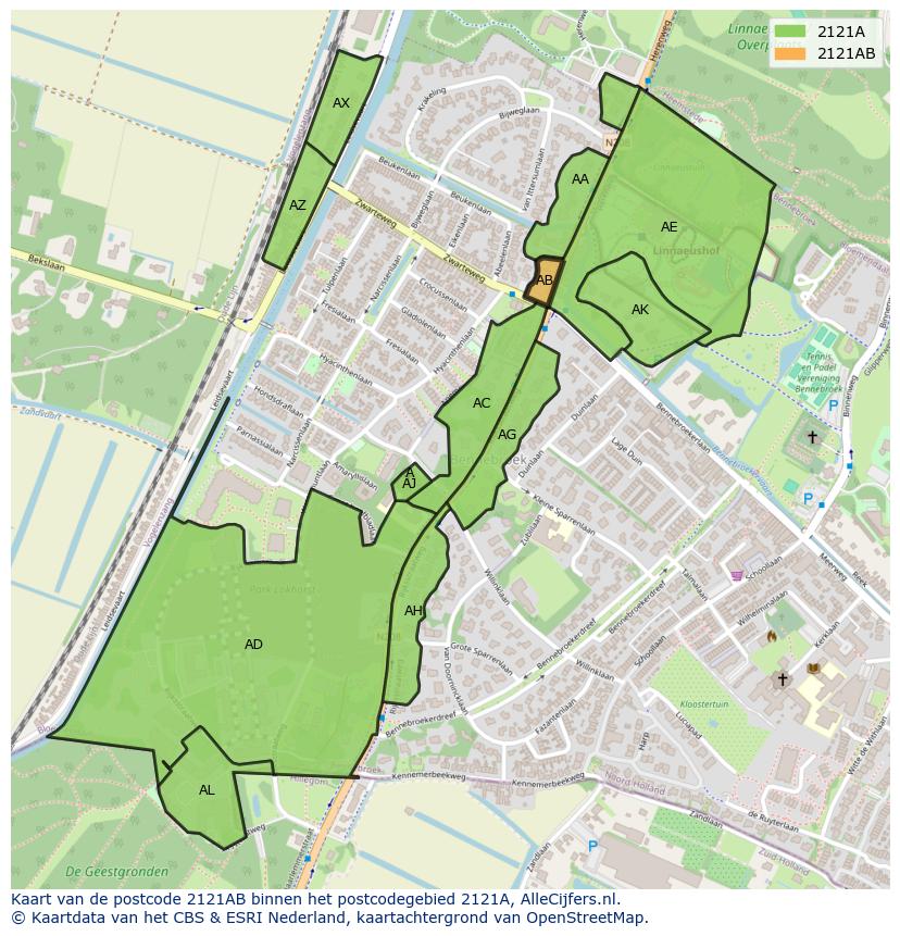 Afbeelding van het postcodegebied 2121 AB op de kaart.