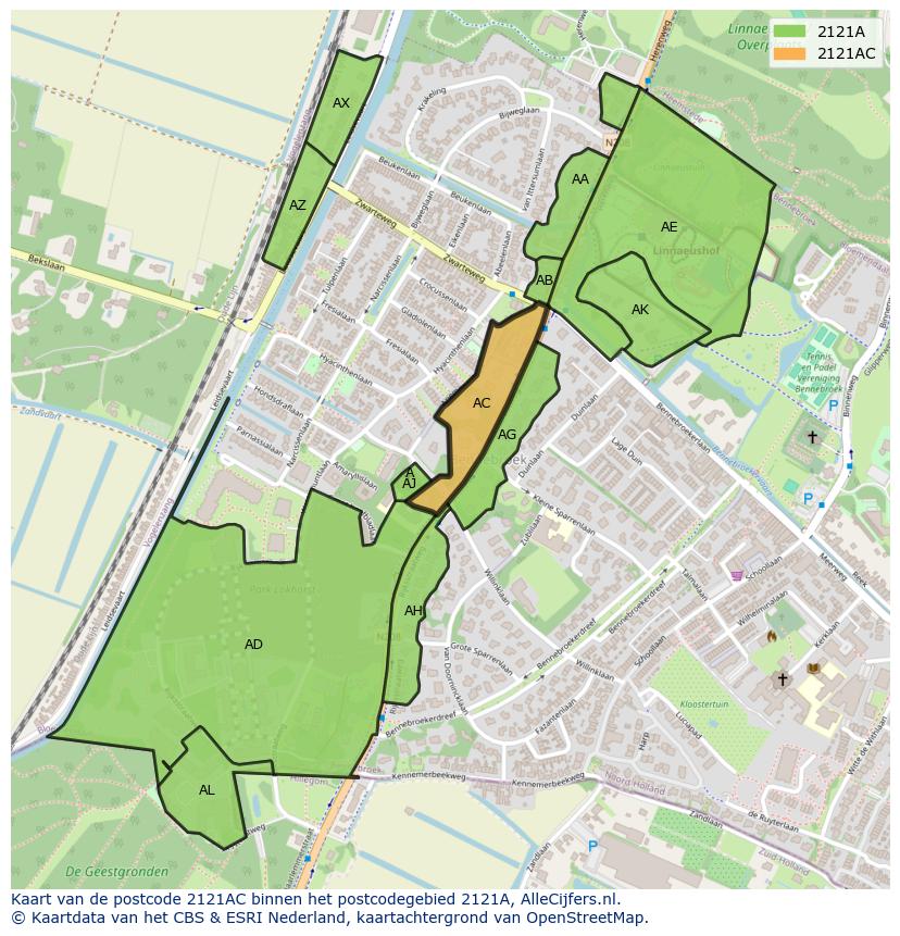 Afbeelding van het postcodegebied 2121 AC op de kaart.