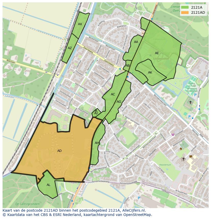 Afbeelding van het postcodegebied 2121 AD op de kaart.