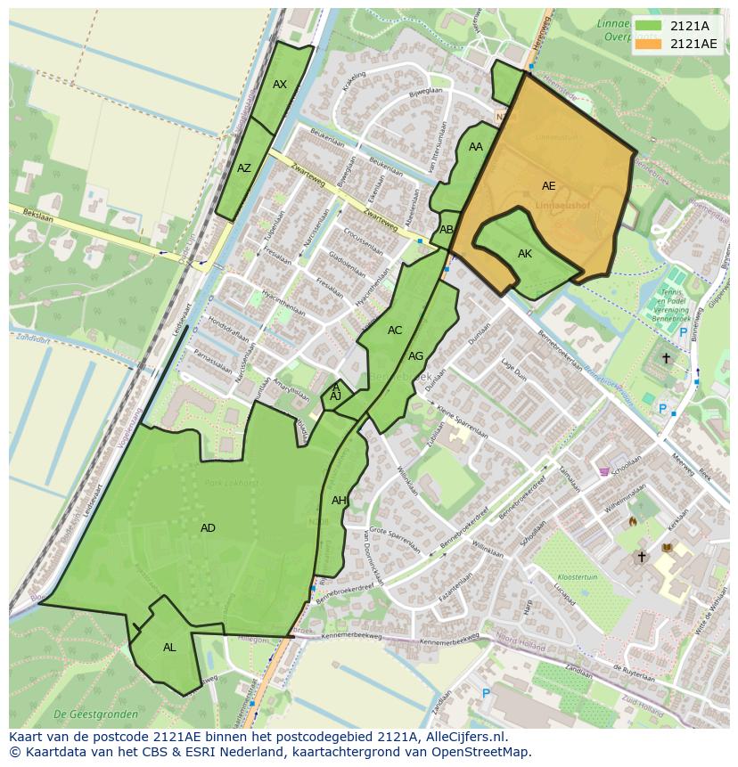 Afbeelding van het postcodegebied 2121 AE op de kaart.