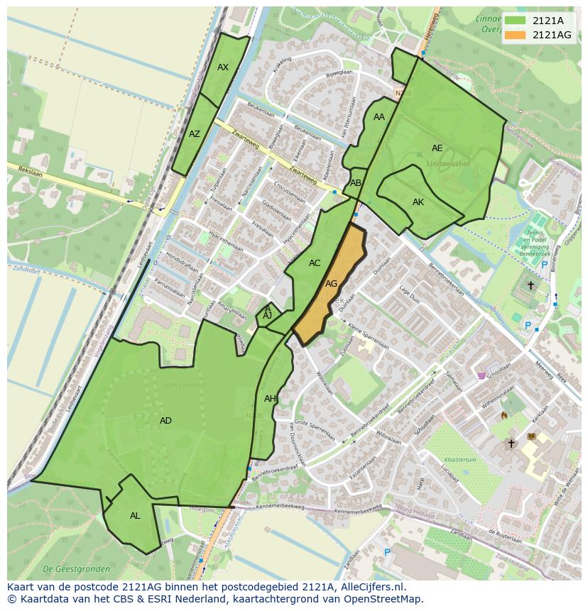Afbeelding van het postcodegebied 2121 AG op de kaart.