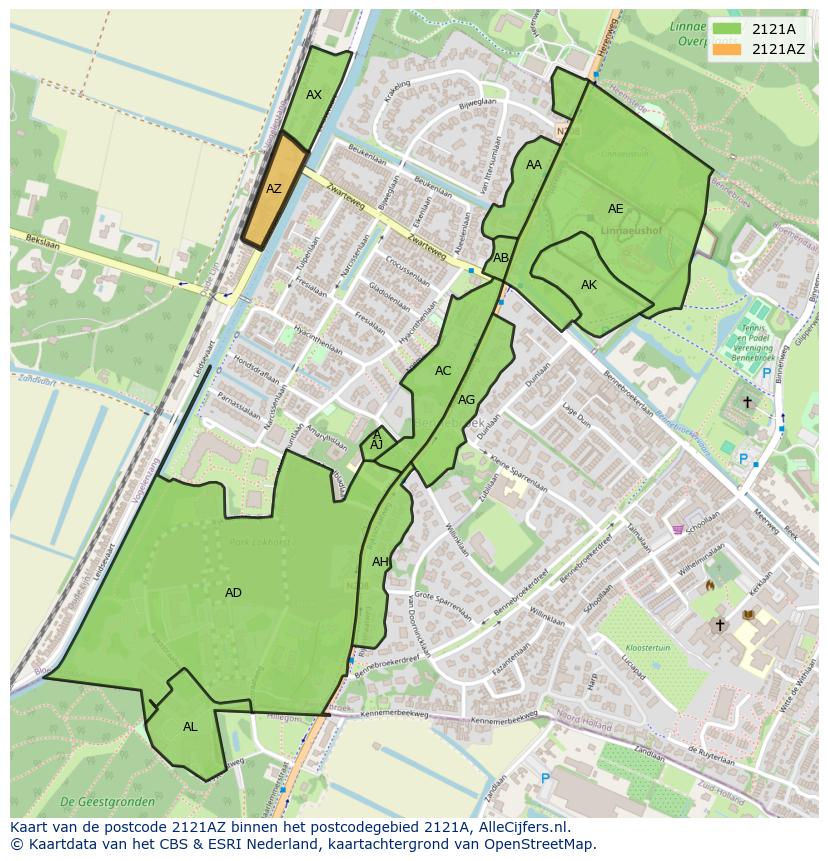 Afbeelding van het postcodegebied 2121 AZ op de kaart.