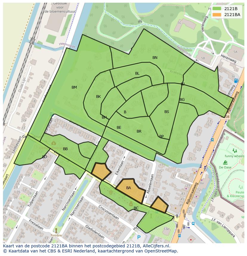 Afbeelding van het postcodegebied 2121 BA op de kaart.
