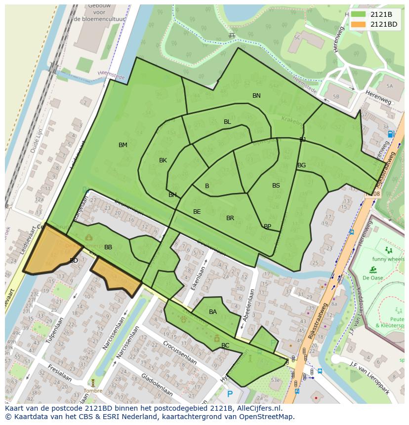 Afbeelding van het postcodegebied 2121 BD op de kaart.