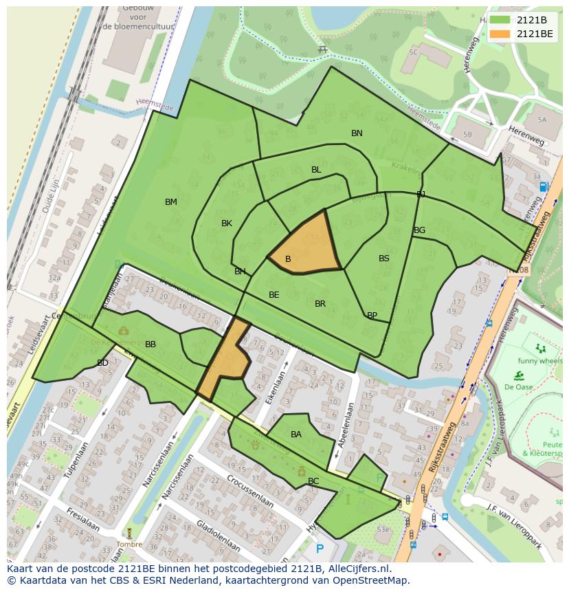 Afbeelding van het postcodegebied 2121 BE op de kaart.