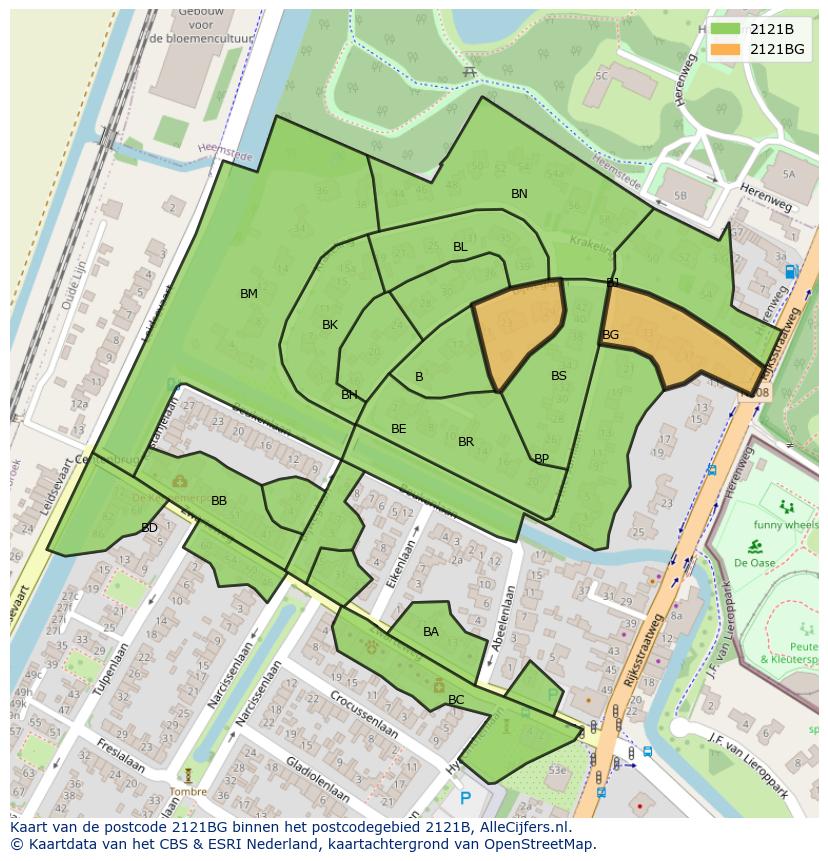Afbeelding van het postcodegebied 2121 BG op de kaart.