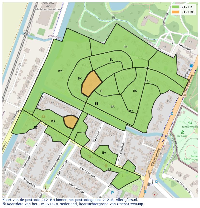 Afbeelding van het postcodegebied 2121 BH op de kaart.