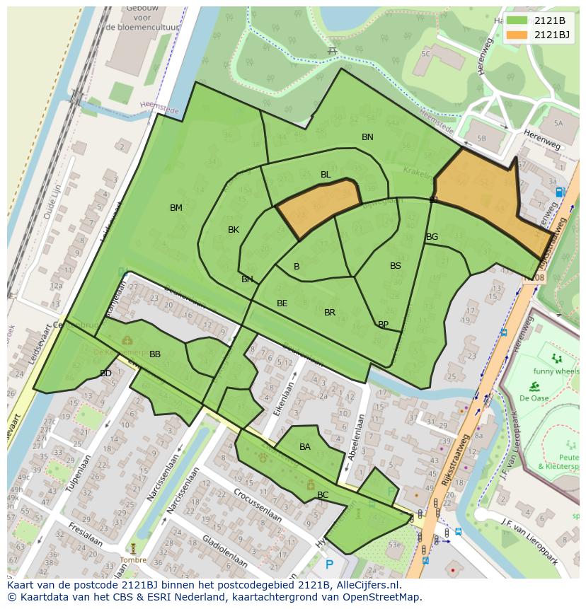 Afbeelding van het postcodegebied 2121 BJ op de kaart.