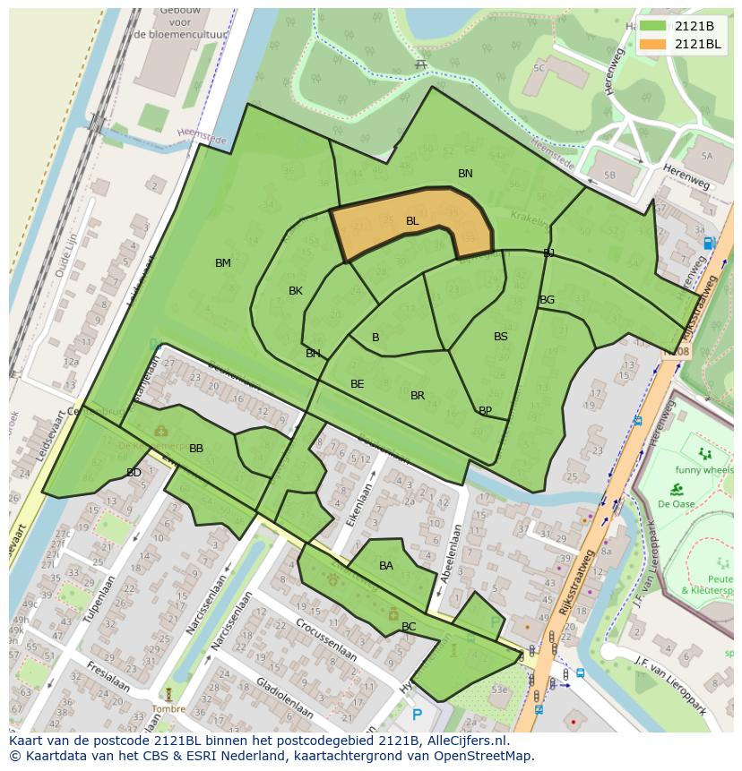 Afbeelding van het postcodegebied 2121 BL op de kaart.