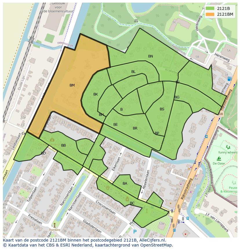 Afbeelding van het postcodegebied 2121 BM op de kaart.