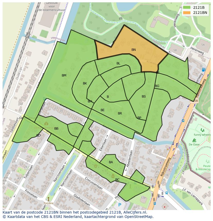 Afbeelding van het postcodegebied 2121 BN op de kaart.