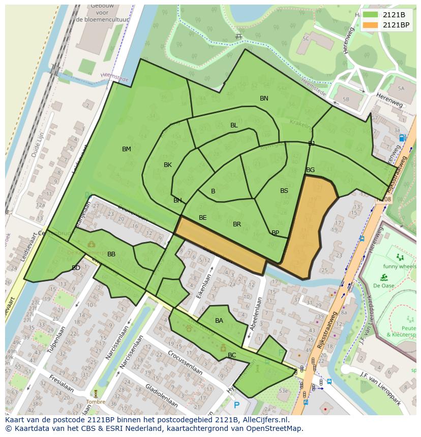 Afbeelding van het postcodegebied 2121 BP op de kaart.