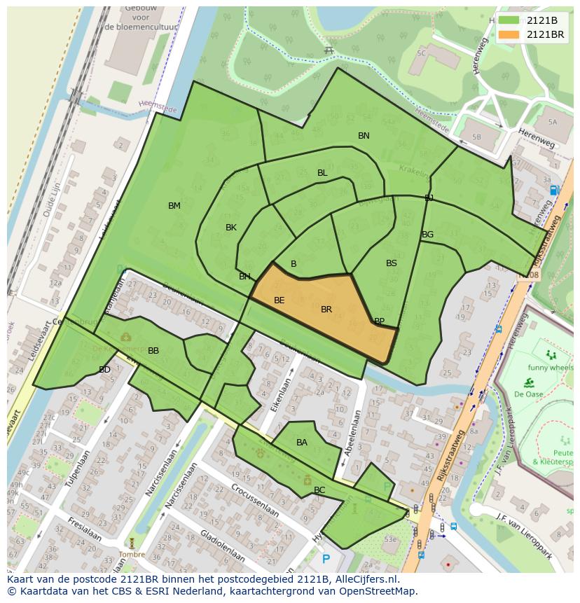 Afbeelding van het postcodegebied 2121 BR op de kaart.