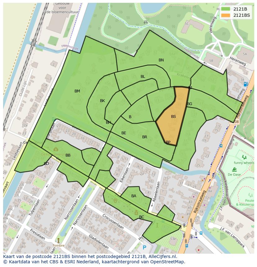 Afbeelding van het postcodegebied 2121 BS op de kaart.