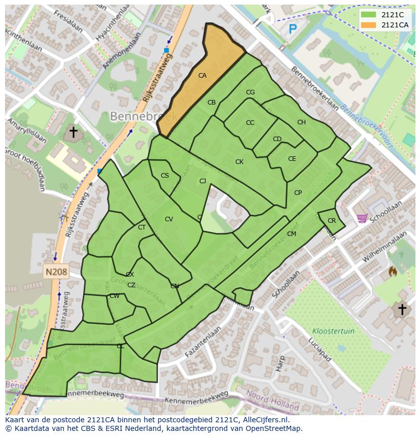 Afbeelding van het postcodegebied 2121 CA op de kaart.