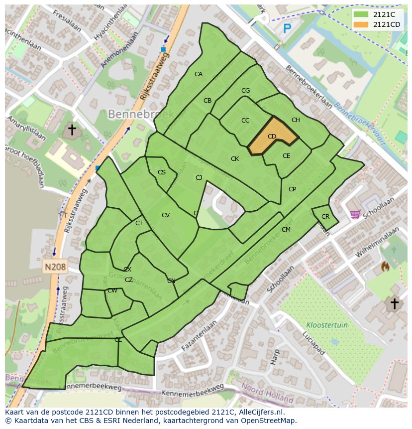 Afbeelding van het postcodegebied 2121 CD op de kaart.
