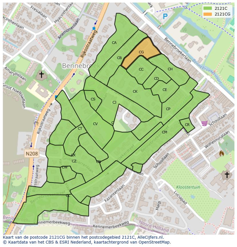 Afbeelding van het postcodegebied 2121 CG op de kaart.
