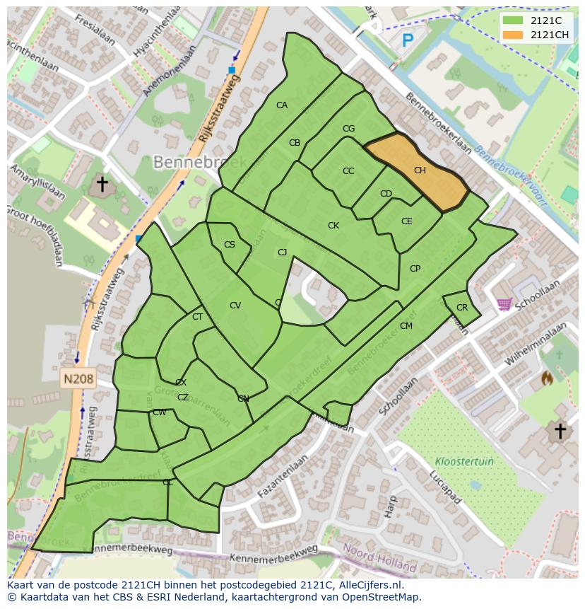 Afbeelding van het postcodegebied 2121 CH op de kaart.
