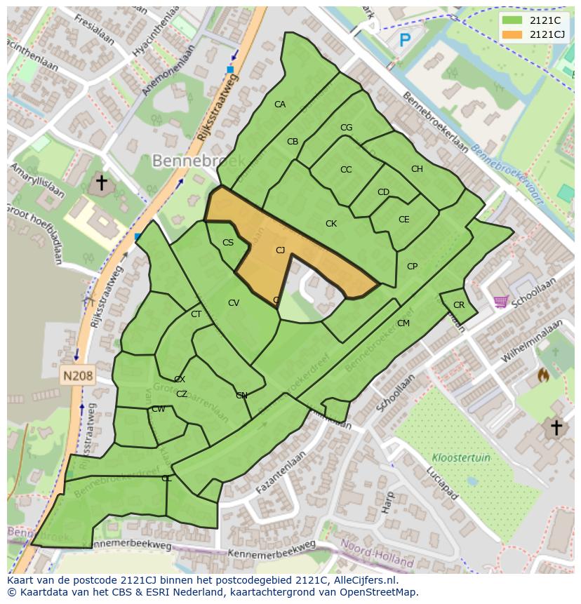Afbeelding van het postcodegebied 2121 CJ op de kaart.