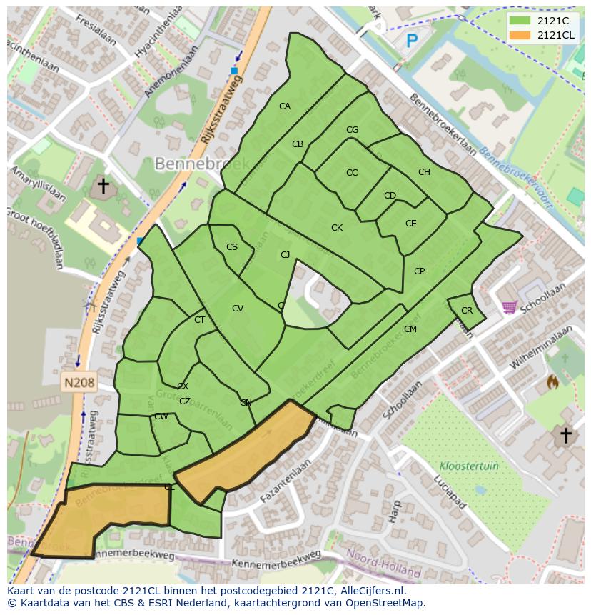 Afbeelding van het postcodegebied 2121 CL op de kaart.