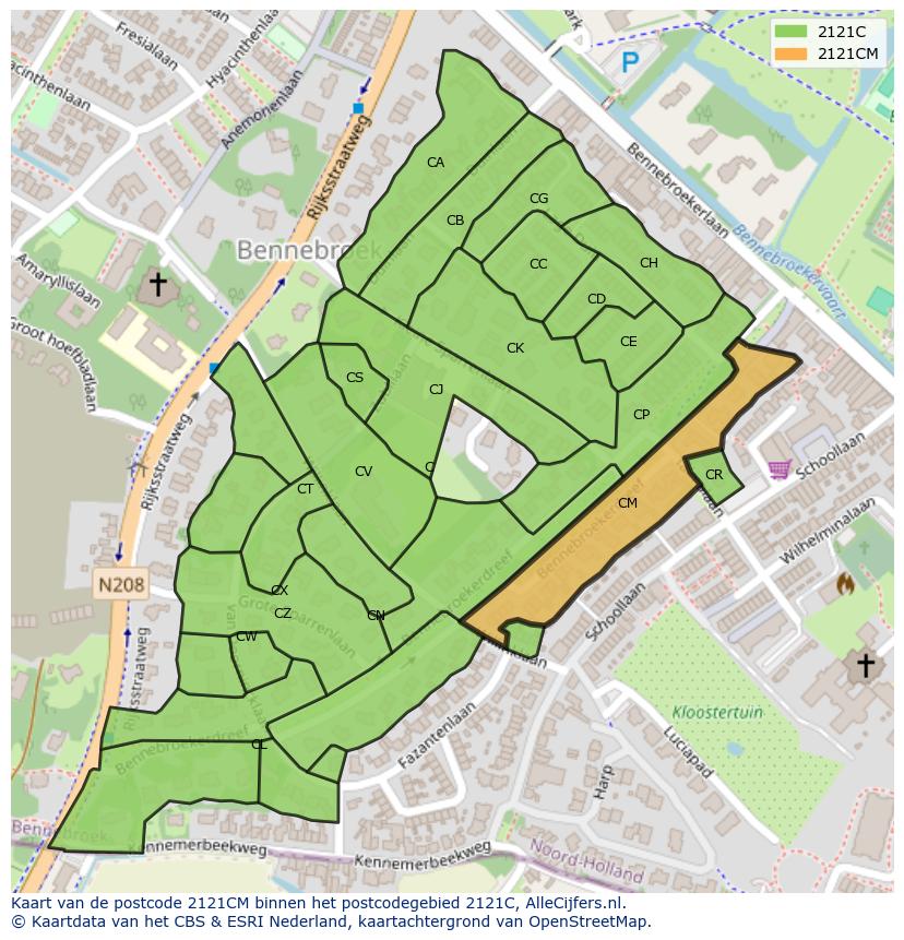 Afbeelding van het postcodegebied 2121 CM op de kaart.
