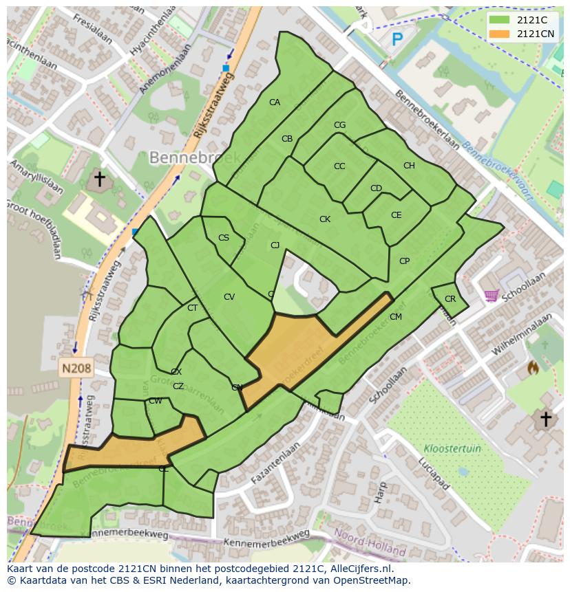 Afbeelding van het postcodegebied 2121 CN op de kaart.