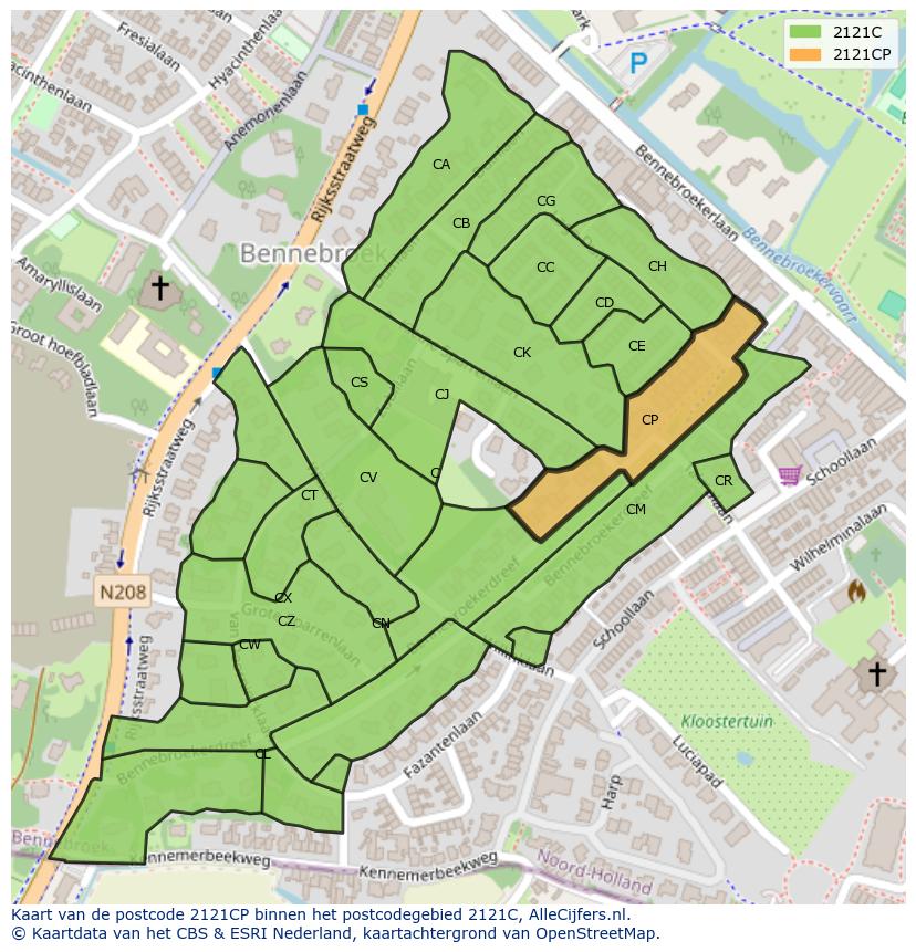 Afbeelding van het postcodegebied 2121 CP op de kaart.