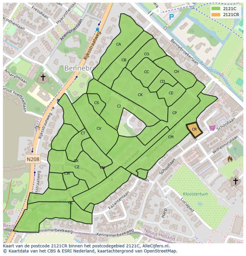 Afbeelding van het postcodegebied 2121 CR op de kaart.
