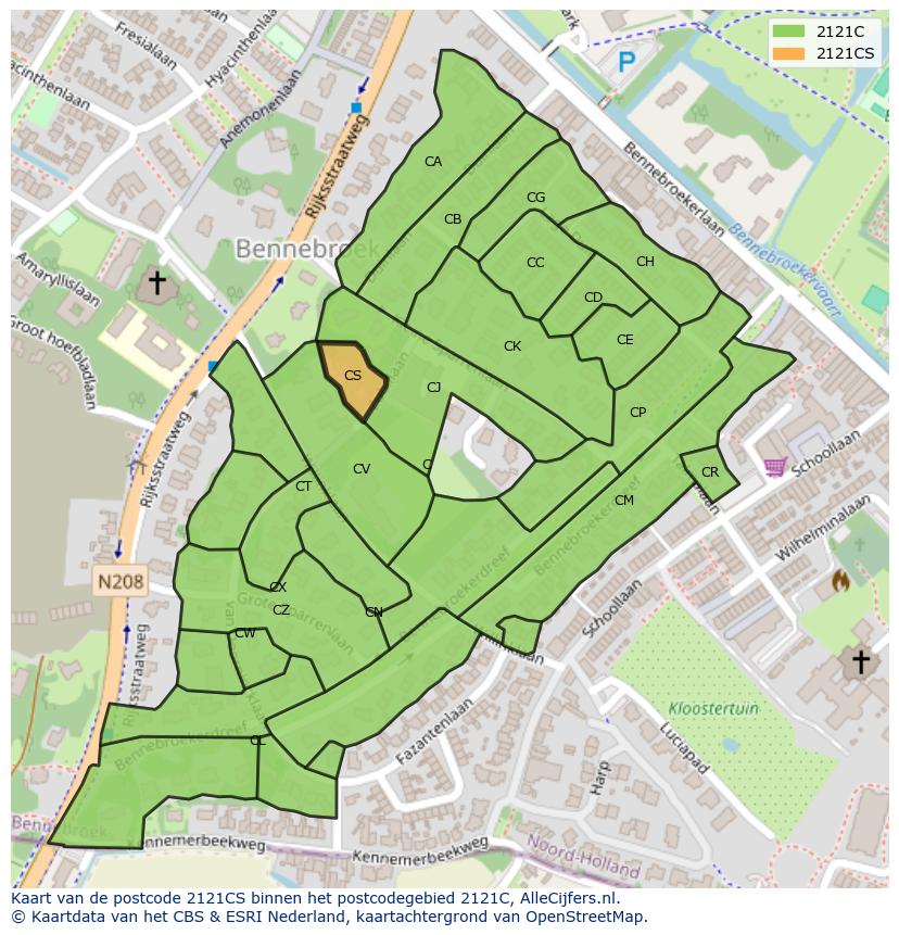 Afbeelding van het postcodegebied 2121 CS op de kaart.