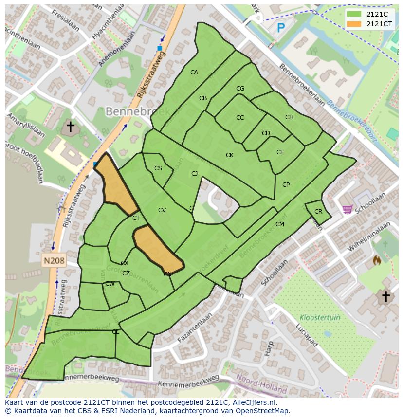 Afbeelding van het postcodegebied 2121 CT op de kaart.