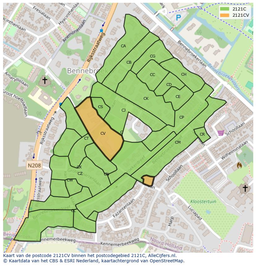 Afbeelding van het postcodegebied 2121 CV op de kaart.