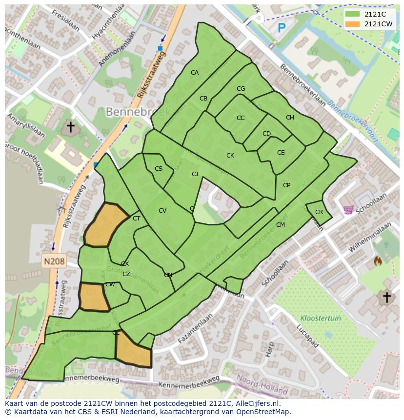 Afbeelding van het postcodegebied 2121 CW op de kaart.
