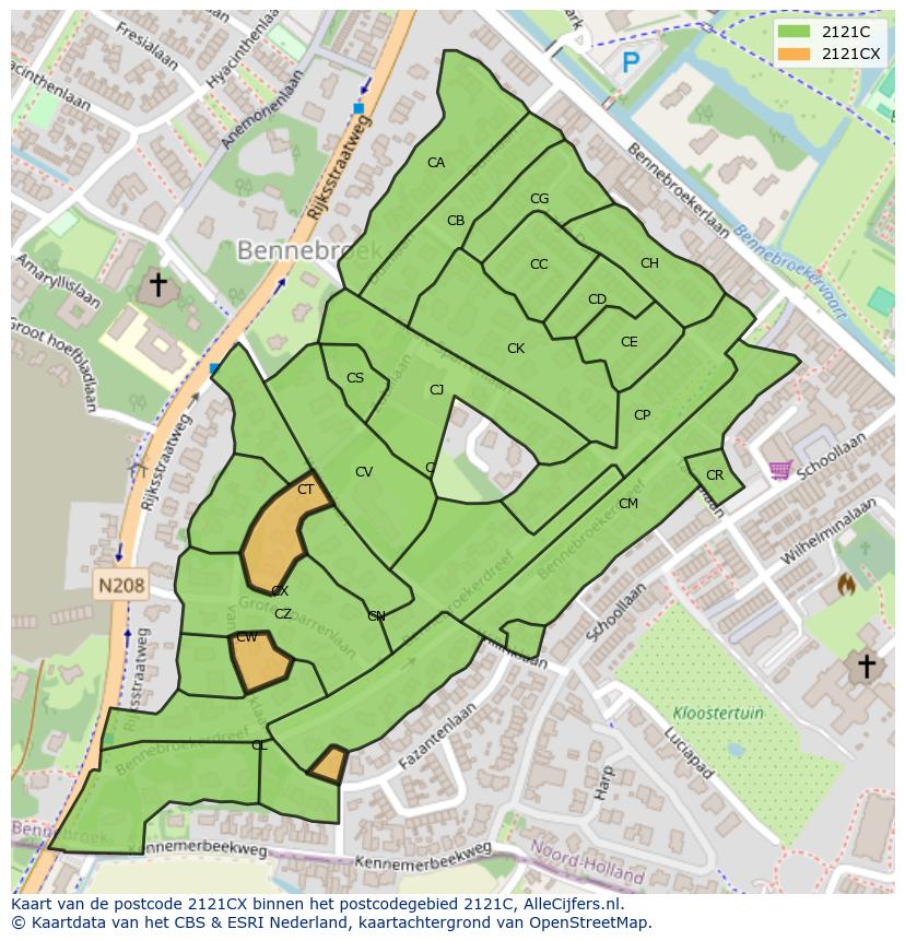 Afbeelding van het postcodegebied 2121 CX op de kaart.