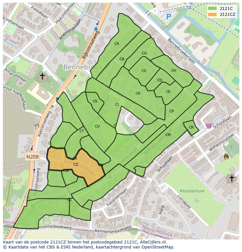 Afbeelding van het postcodegebied 2121 CZ op de kaart.