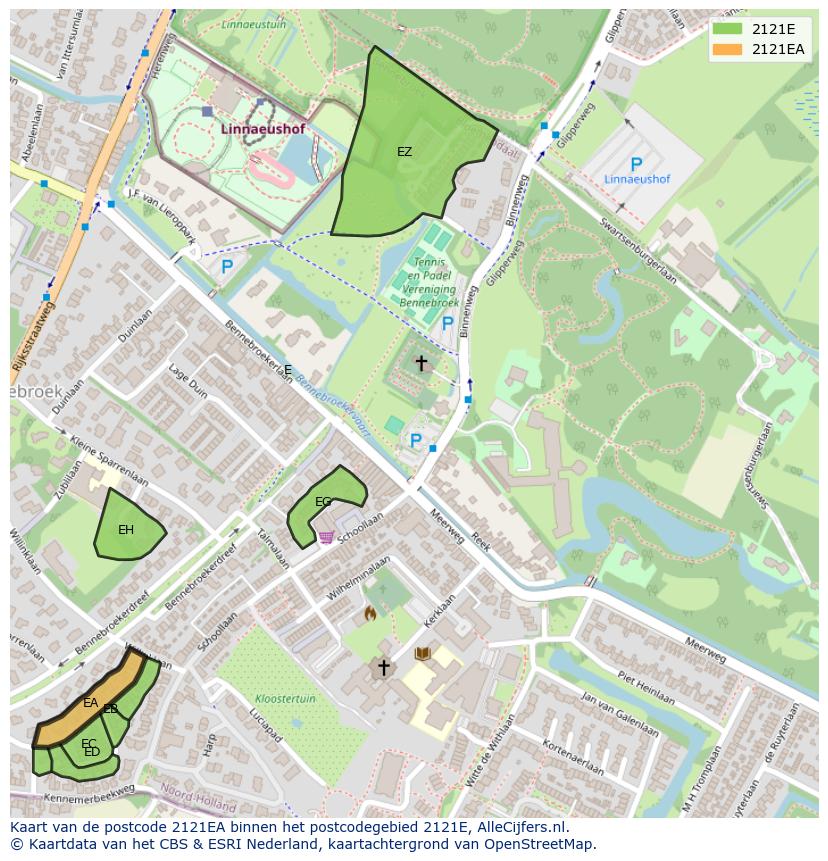 Afbeelding van het postcodegebied 2121 EA op de kaart.