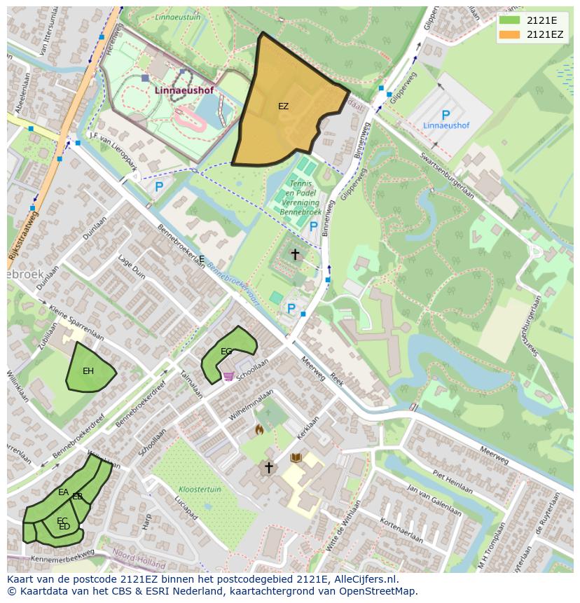 Afbeelding van het postcodegebied 2121 EZ op de kaart.