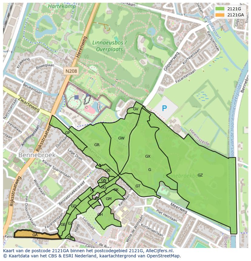 Afbeelding van het postcodegebied 2121 GA op de kaart.