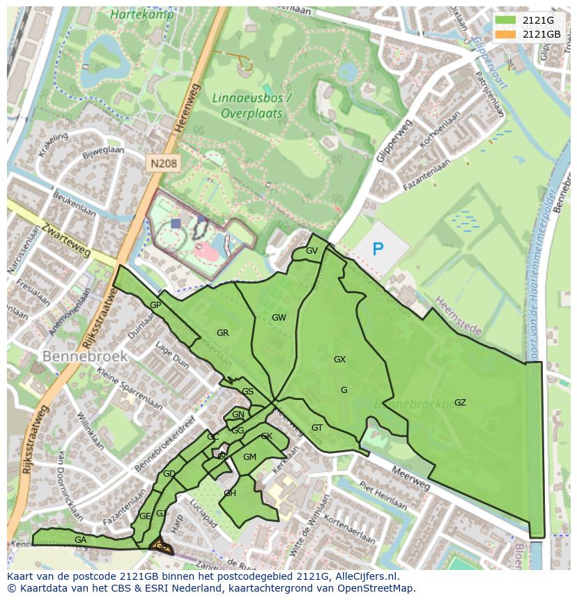 Afbeelding van het postcodegebied 2121 GB op de kaart.