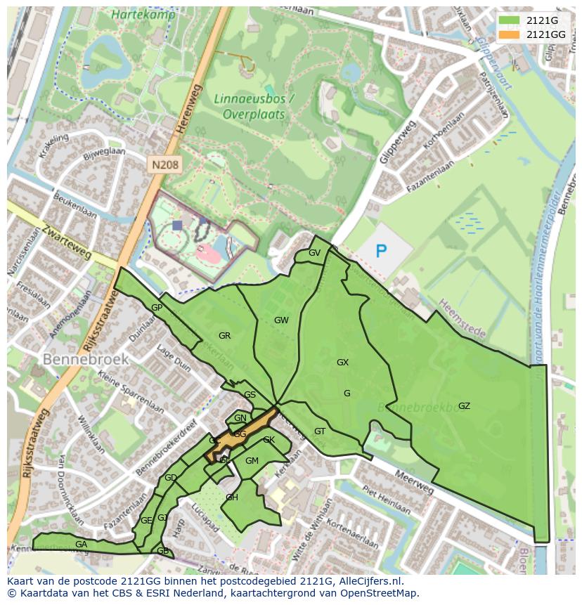 Afbeelding van het postcodegebied 2121 GG op de kaart.