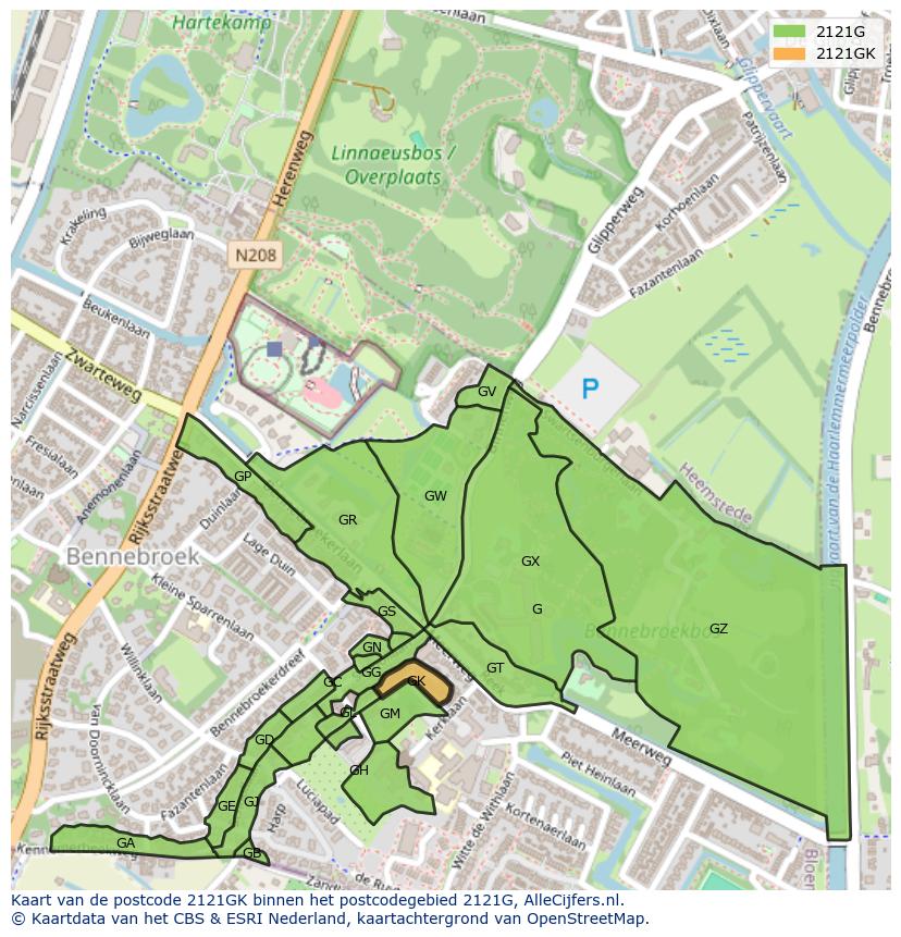 Afbeelding van het postcodegebied 2121 GK op de kaart.