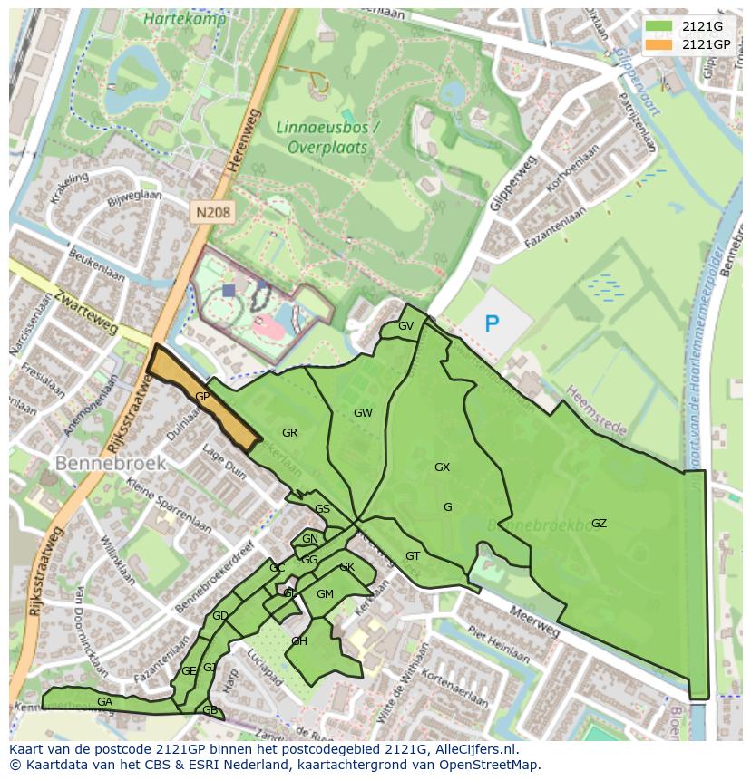 Afbeelding van het postcodegebied 2121 GP op de kaart.