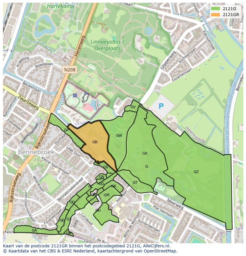 Afbeelding van het postcodegebied 2121 GR op de kaart.