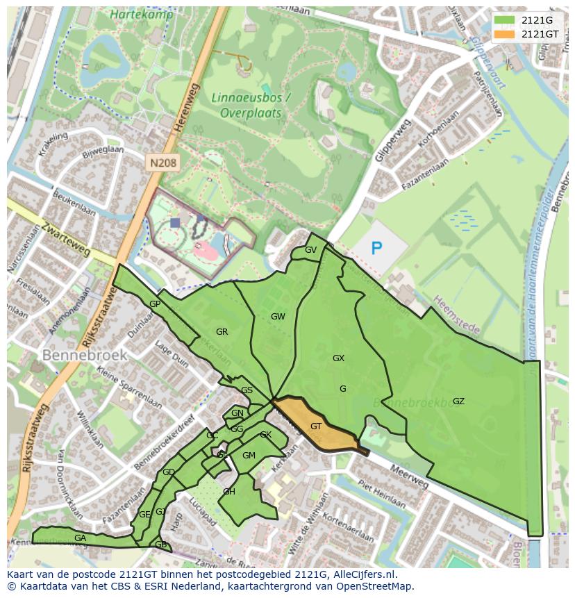 Afbeelding van het postcodegebied 2121 GT op de kaart.