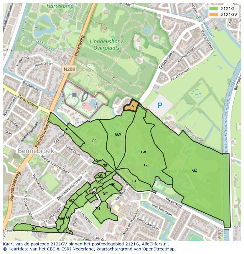 Afbeelding van het postcodegebied 2121 GV op de kaart.
