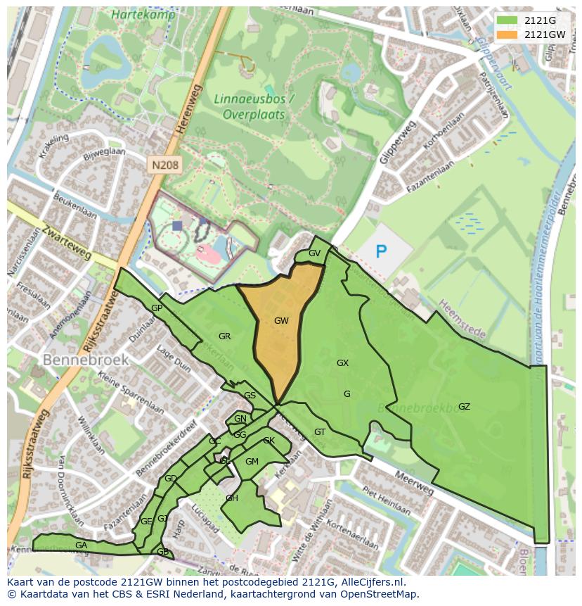 Afbeelding van het postcodegebied 2121 GW op de kaart.