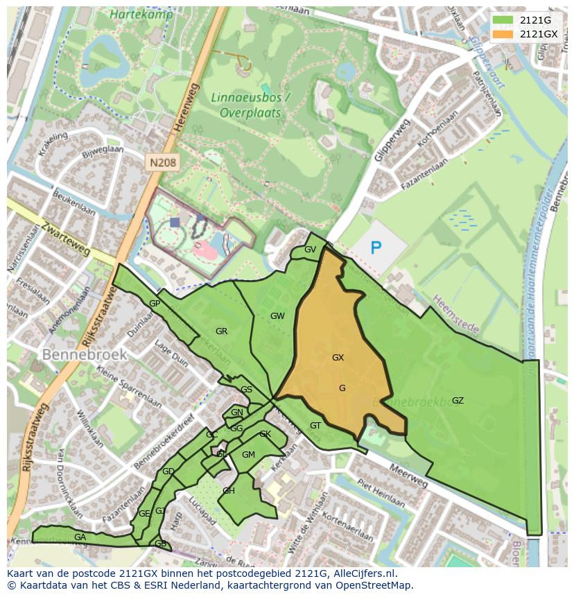 Afbeelding van het postcodegebied 2121 GX op de kaart.